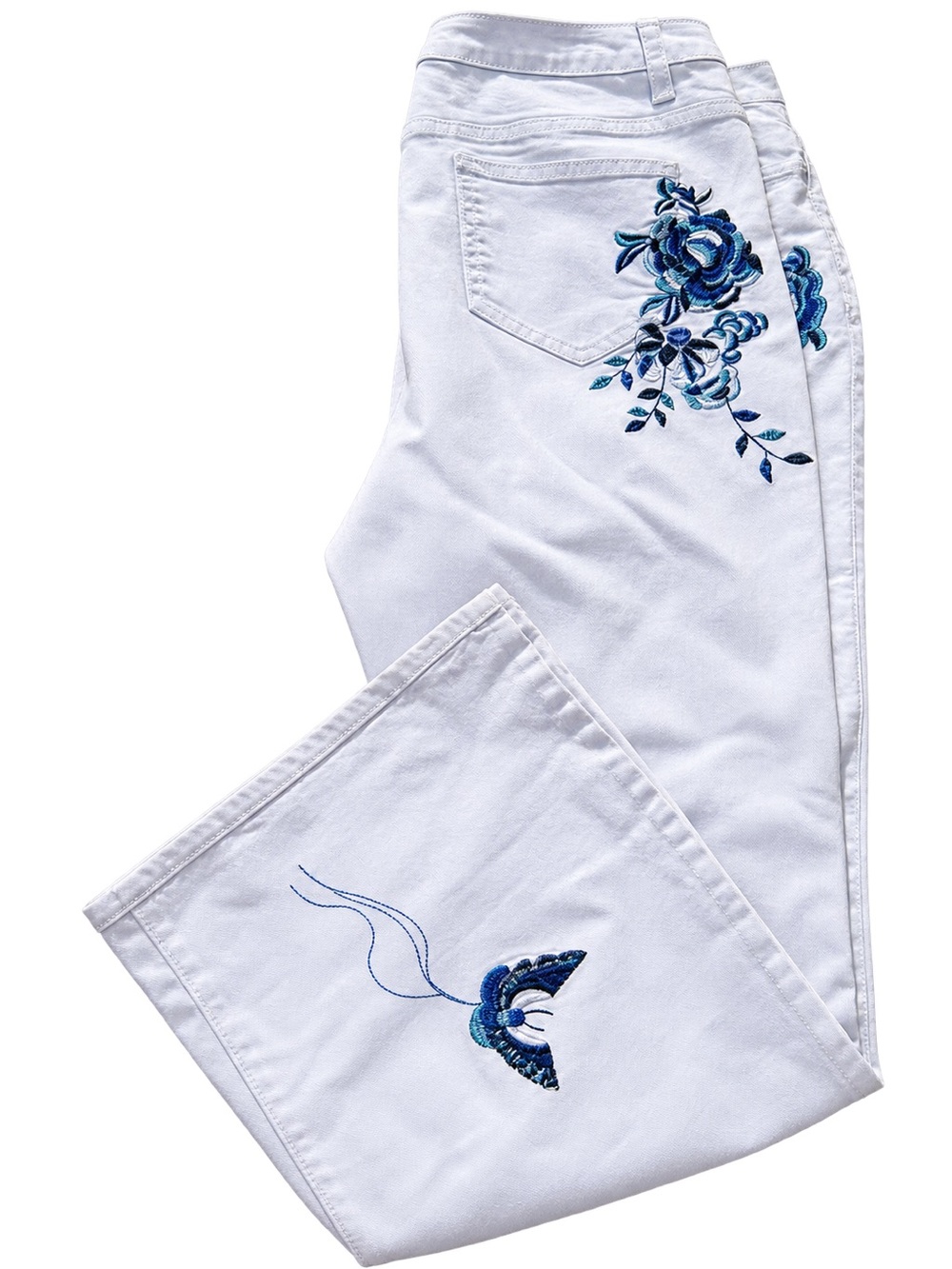 White Women’s Flare Jeans with Blue Floral Embroidery